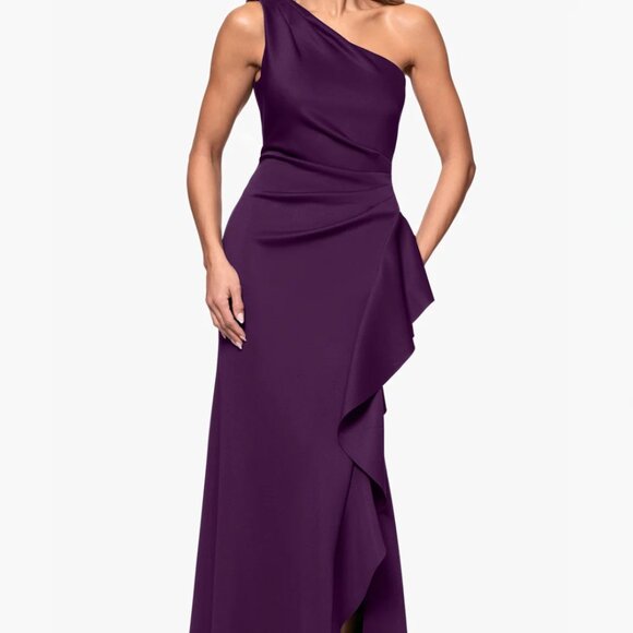 Women's Ruffled One-Shoulder Scuba Gown purple - Picture 1 of 2